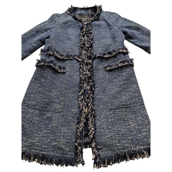 Theory Coat Women's Large Blue Zarafilla Indigo Tweed Fringe Trim Work Career - Picture 9 of 14